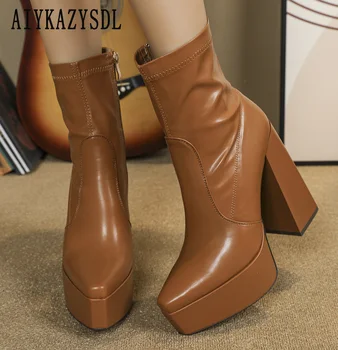 AIYKAZYSDL 2023 Есенен дамски Обувки Ботильоны от изкуствена кожа Дамски Ботильоны на платформа и висок ток с остър пръсти Зелено-кафяви