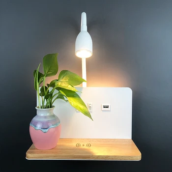 Модерният led, с монтиран на стената лампа с безжично зареждане и USB интерфейс, въртящи се на 360 ° стенни лампи с превключвател, Нощни нощна светлина за четене