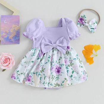 Рокля-гащеризон за новородени момичета, боди с пищни ръкави, рокля-пакетче с рюшами и цветен модел, летни дрехи за бебета