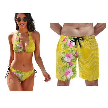 Хавайски бански с полинезийским племенни принтом, секси бикини, мъжки плажни панталони, модерен комплект за хавайска двойка, обичай,