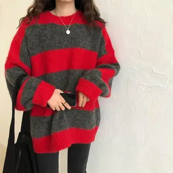 Готически пуловери, женски вязаный жилетка в райе в стил харадзюку в стил пънк, Ретро Свободен пуловер в голям размер, с дълъг ръкав, потници, градинска облекло D158