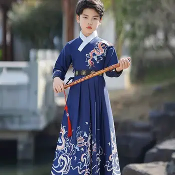 Синьо момче Ханфу тънка китайската традиционна парчовая дрехи с принтом, бродерия с дълъг ръкав в китайски стил