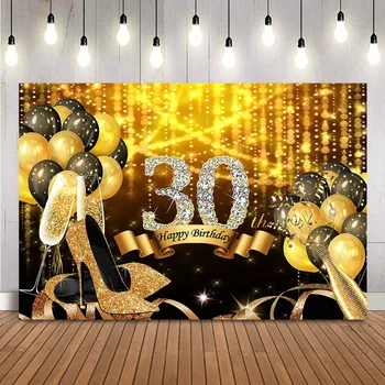 фон за фотосесия на 30-ия ден от раждането, Златна блестящ точков фотофон, Златни токчета, декорация във формата на шампанско, подпори за фотосесия на тридесетия рожден ден
