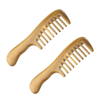 Гребен за коса от естествен сандалово дърво, с 2 широки зъбци-дървена четка за коса за разнищване на косата, без статични, с гладка дръжка