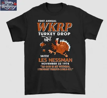 Смешни тениски WKRP Turkey Капка с Les Nessman - подарък за Деня на благодарността