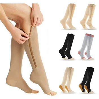 Компресия чорапи, спортни дълги чорапи за колоездене, професионална поддръжка на крака с цип, топли дебели дамски чорапи от разширени вени