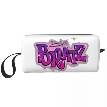 Чанта за грим с логото на Y2k розово-лилав цвят с пайети, дамски косметичка Bratzs, модерен водоустойчив калъф-органайзер за грим.
